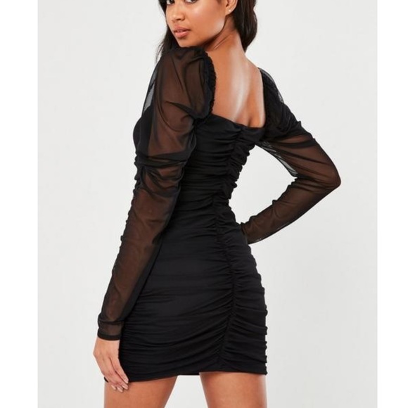 Missguided Black Mesh Ruched Long Sleeve Mini Dress - Picture 4 of 7